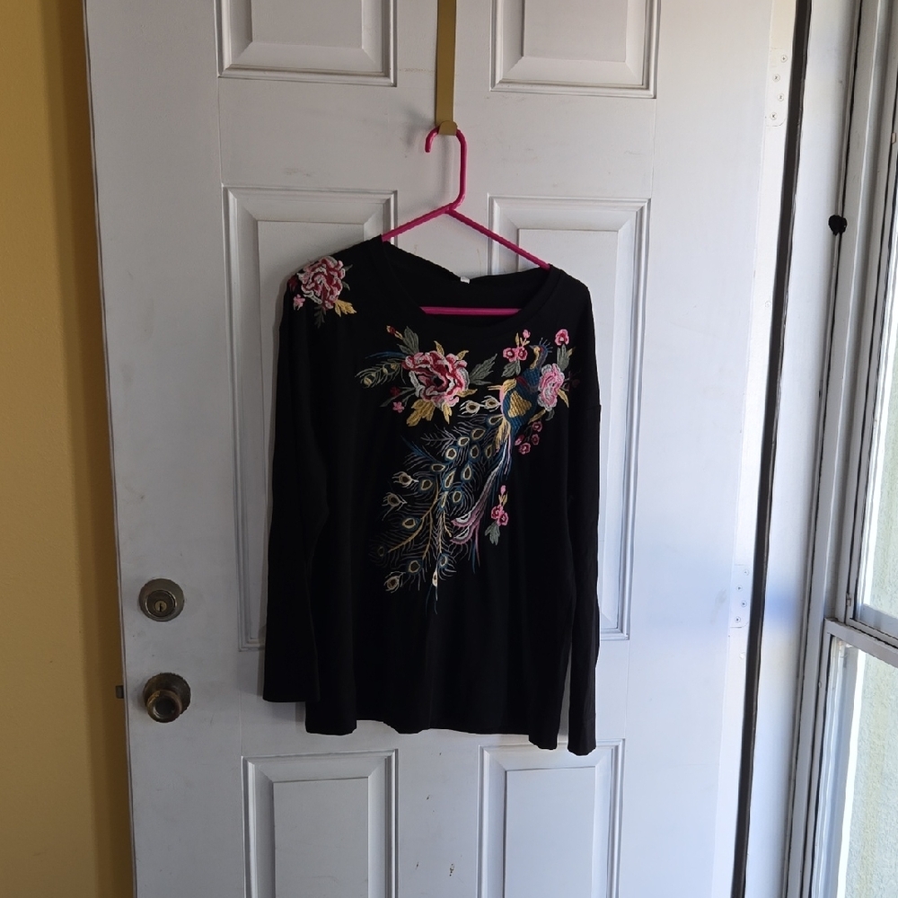 Embellished Black and Pink Blouse with Floral Design